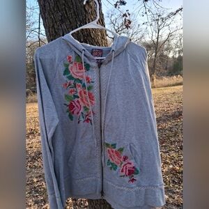 Johnny Was Gray Zip Hoodie with Pink & Green Floral Embroidery